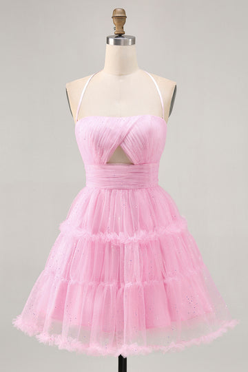 Glitter Halter A-Line Cut-Out Pink Homecoming Dress